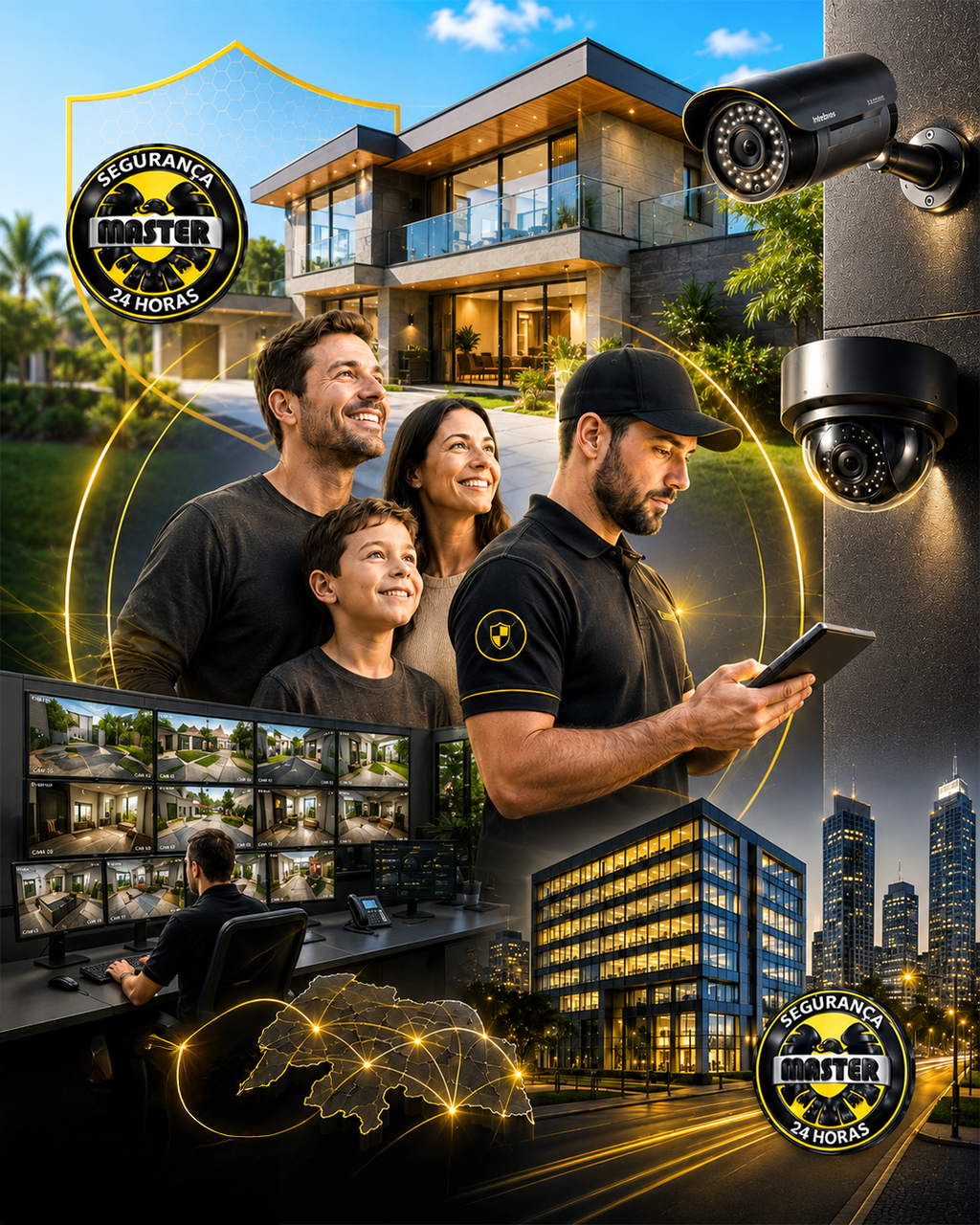Família protegida, equipe de monitoramento e CFTV da Master Segurança Eletrônica 24 horas